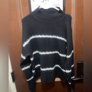 Nine West Black Sweater with White Stripes - Cowl/Turtleneck Size Large